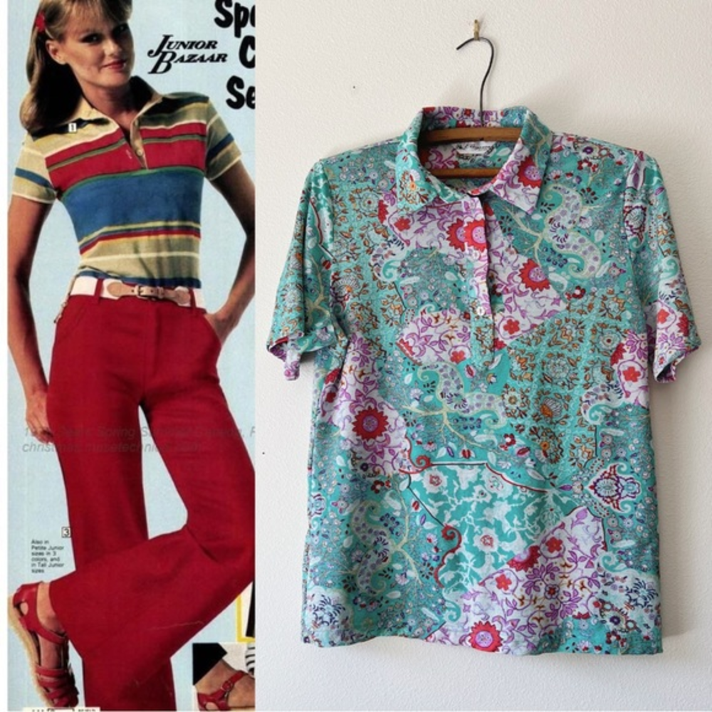 Vintage 70s Womens lightweight‎ colorful polo shirt M